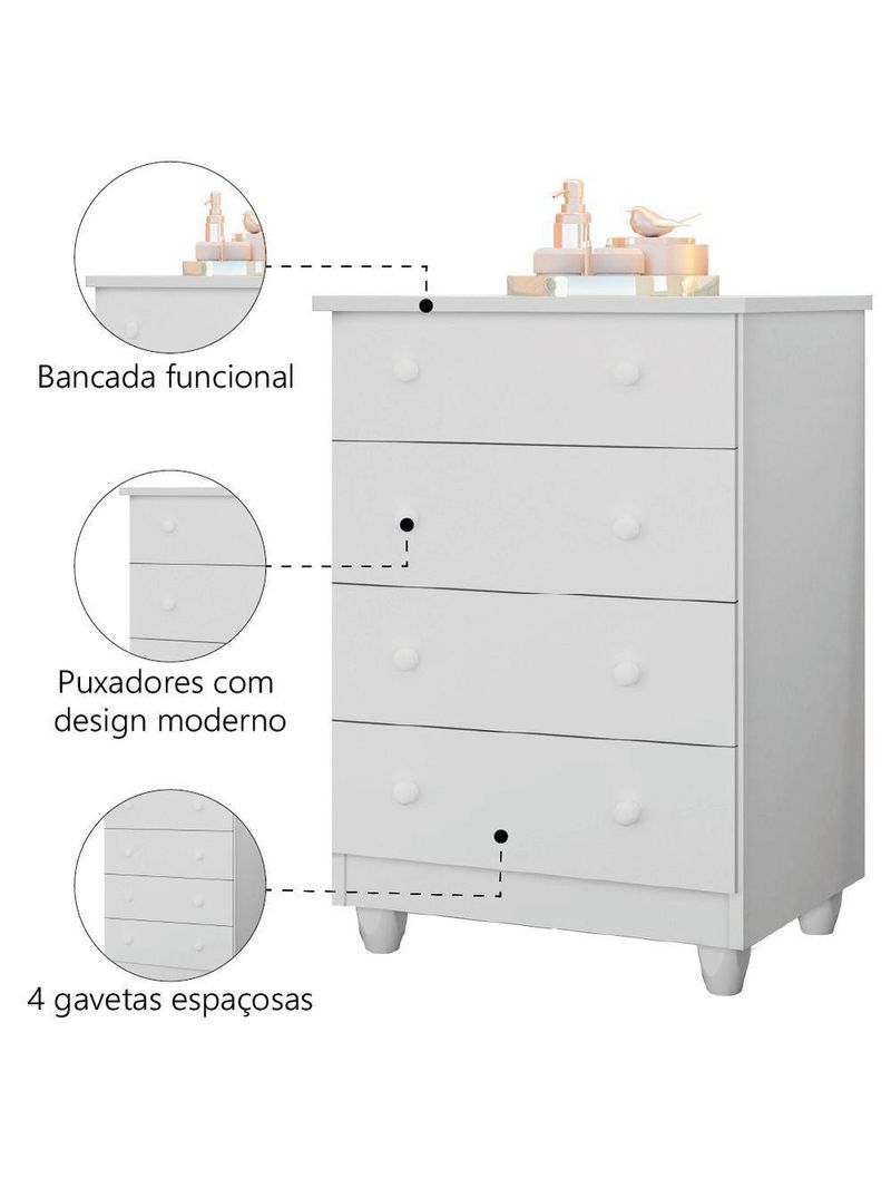 Cômoda Infantil Para Quarto Bebê 4 Gavetas Lara Branco J&a Branco