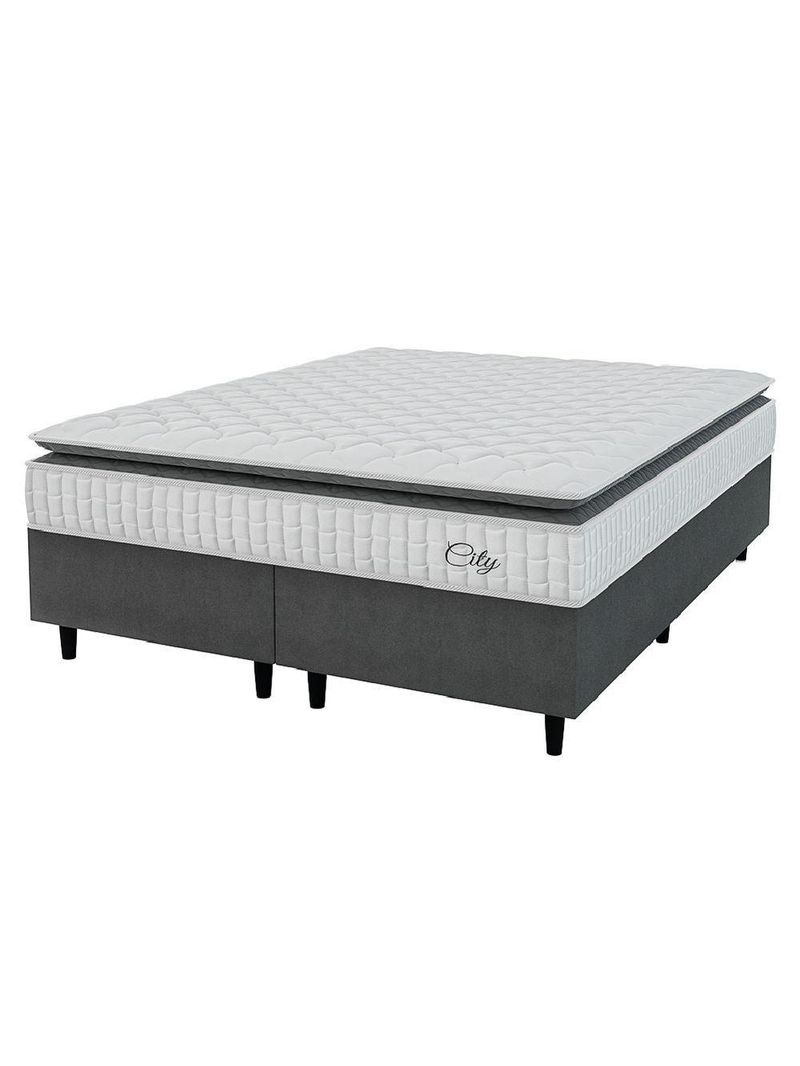 Cama Box Colchão Casal King Molas Ensacadas City Pillow Top 193x203x61cm Cinza Branco