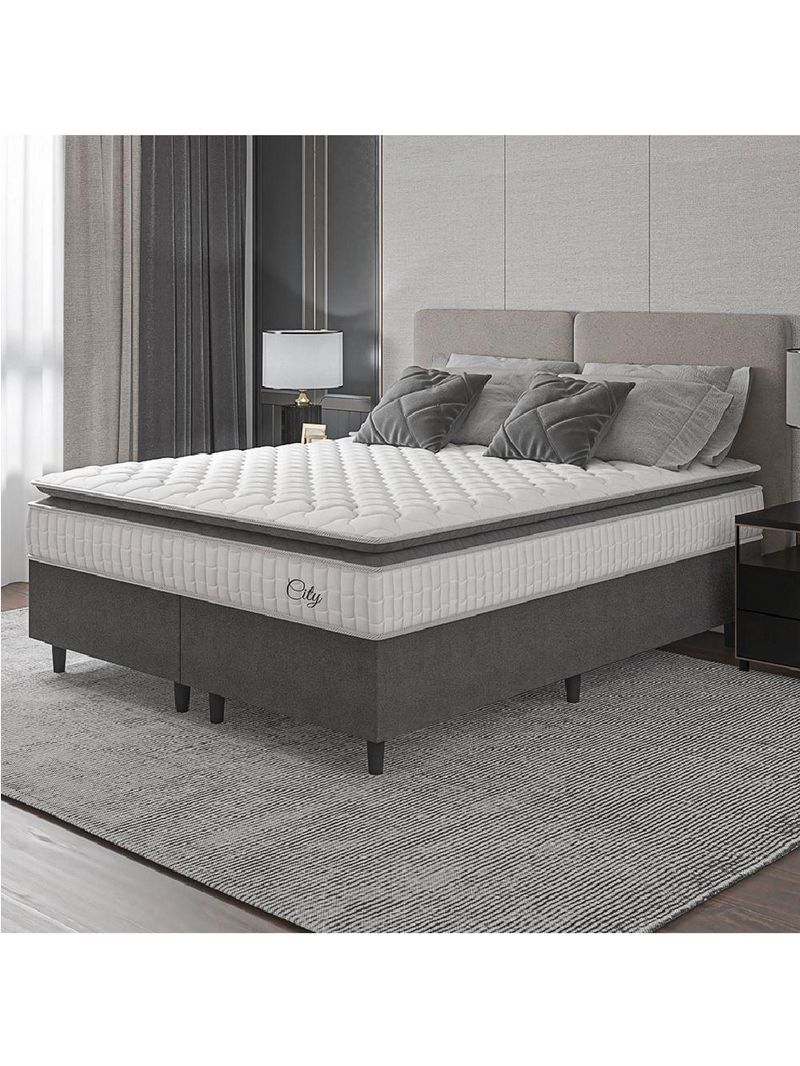Cama Box Colchão Casal King Molas Ensacadas City Pillow Top 193x203x61cm Cinza Branco