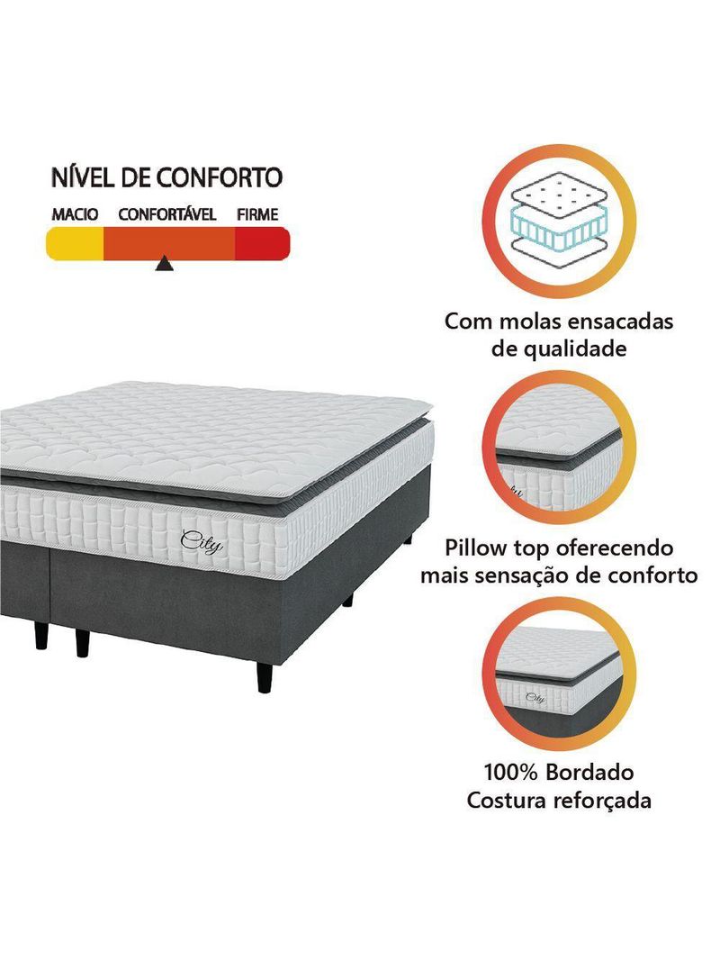 Cama Box Colchão Casal King Molas Ensacadas City Pillow Top 193x203x61cm Cinza Branco