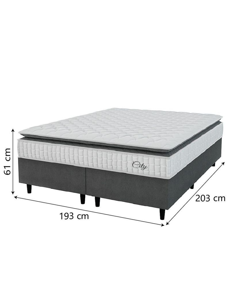 Cama Box Colchão Casal King Molas Ensacadas City Pillow Top 193x203x61cm Cinza Branco