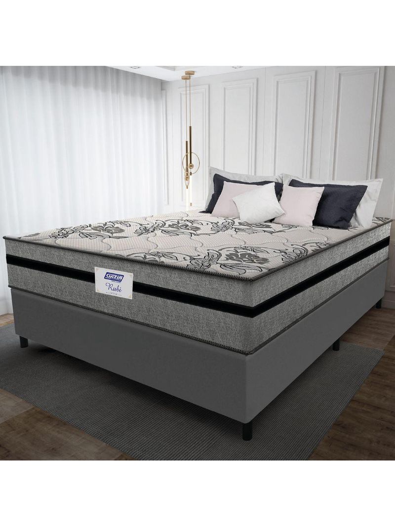Cama Box Casal King Colchão Gazin com Molas Ensacadas Rubi 193x203x70cm Suede Cinza/Preto