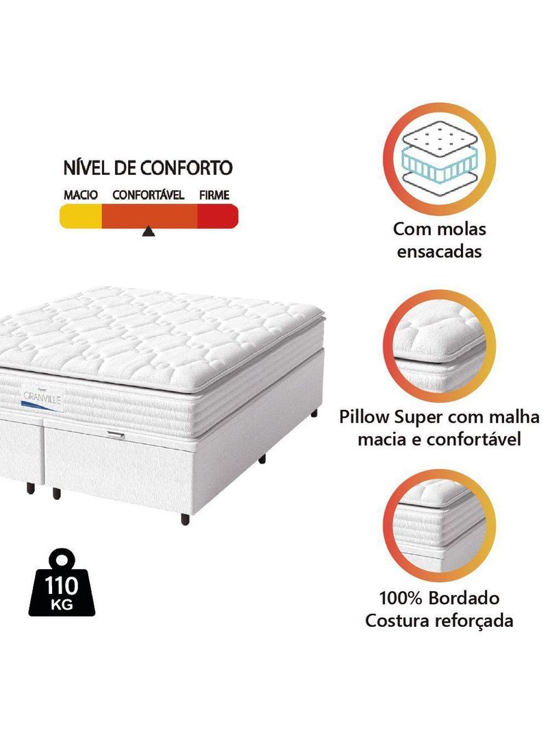 Cama Box Baú Casal King Colchão Molas Ensacadas Granville Com Pillow 193x203x69cm Branco