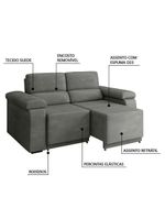 Sofá Desmontável Retrátil 2 Lugares 1,50m Fox Suede Cinza Selmer Cinza