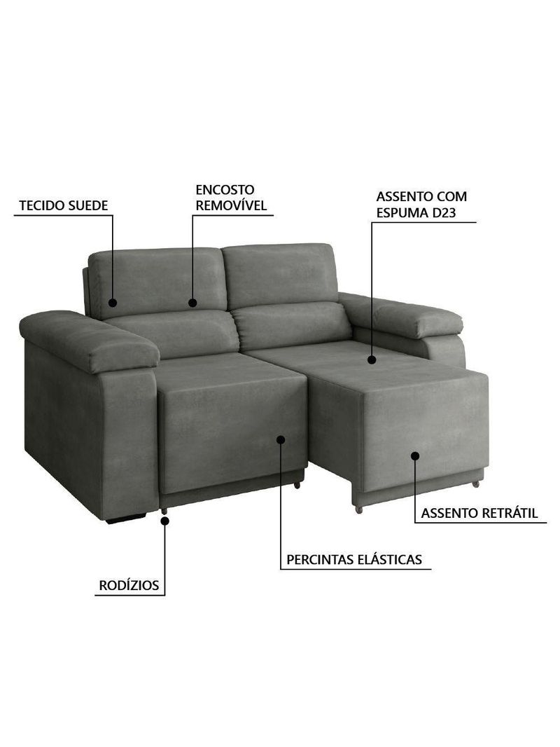 Sofá Desmontável Retrátil 2 Lugares 1,50m Fox Suede Cinza Selmer Cinza