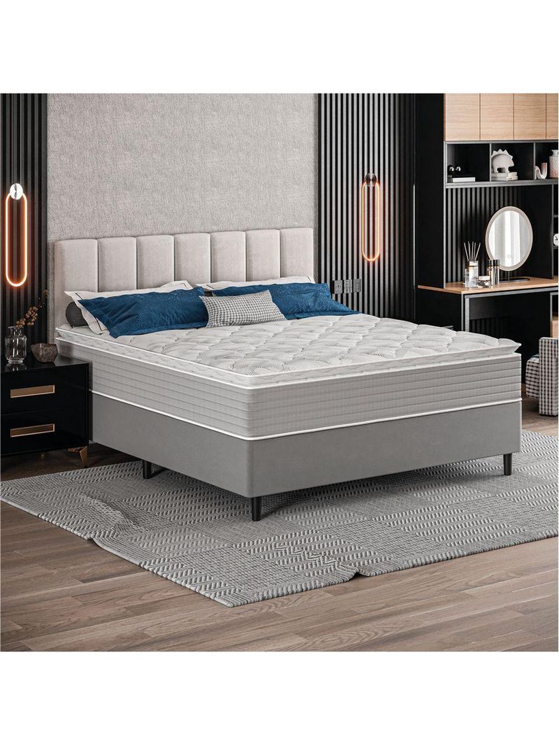 Cama Box Baú Casal Molas Ensacadas Pillow Top 138x188x66cm Martino Cinza Umaflex Cinza