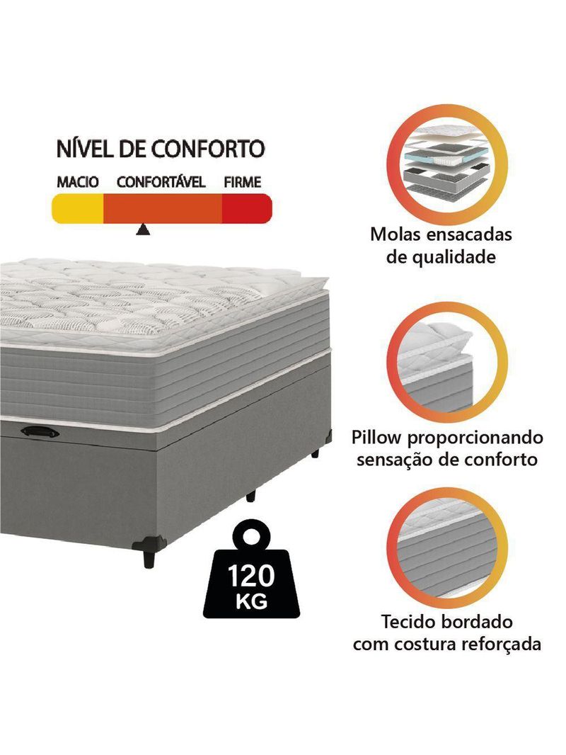 Cama Box Baú Casal Molas Ensacadas Pillow Top 138x188x66cm Martino Cinza Umaflex Cinza