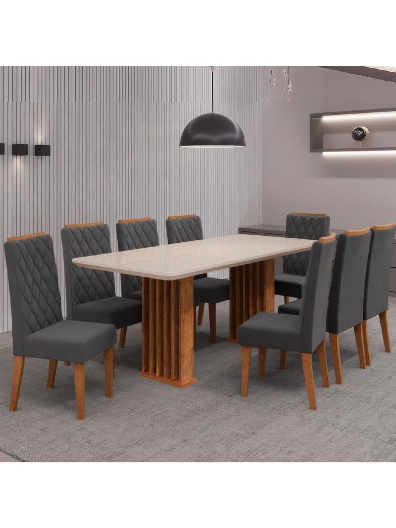 Conjunto De Mesa Sala De Jantar Tampo Com Vidro Mond 2m 8 Cadeiras Bele Veludo Viero Madeirado / Cinza