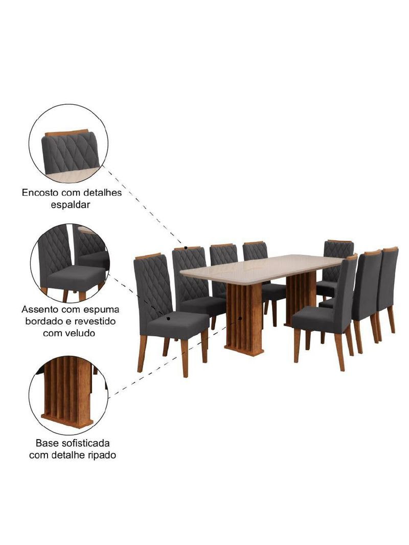 Conjunto De Mesa Sala De Jantar Tampo Com Vidro Mond 2m 8 Cadeiras Bele Veludo Viero Madeirado / Cinza