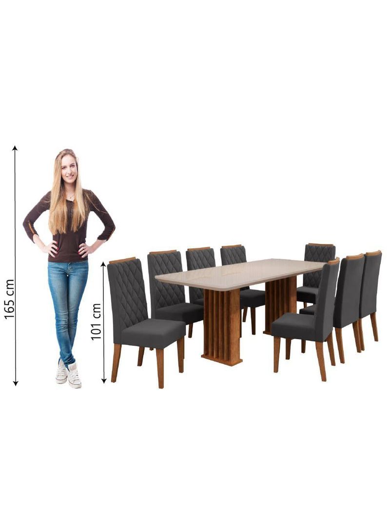 Conjunto De Mesa Sala De Jantar Tampo Com Vidro Mond 2m 8 Cadeiras Bele Veludo Viero Madeirado / Cinza