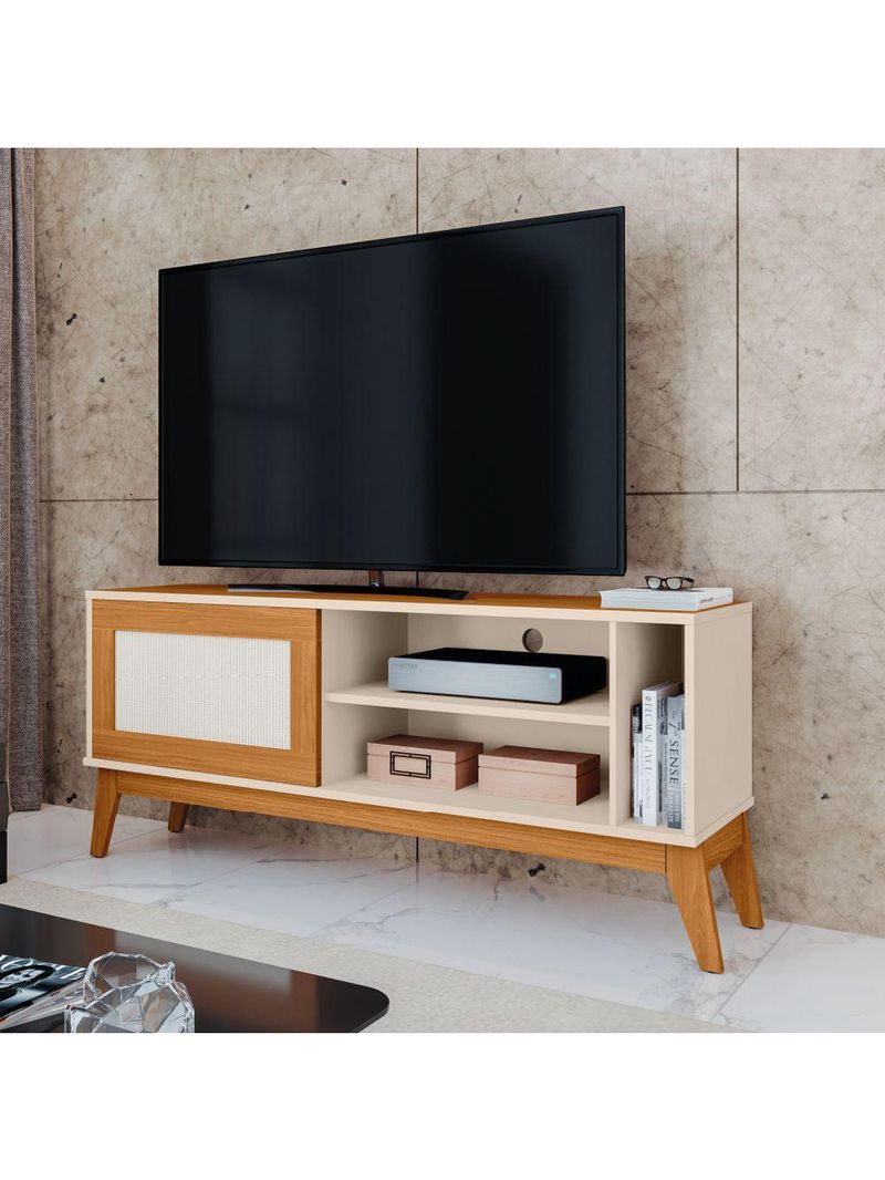 Rack Bancada Para TV Até 55 Polegadas 1,36m 1 Porta Com Tela Rattan Off White/Cedro Caribe EDN