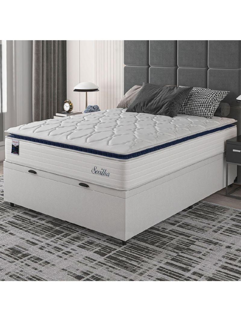 Cama Box Baú Casal Colchão Molas Ensacadas Com Pillow Sevilha 138x188x74cm Branco/cinza Hellen