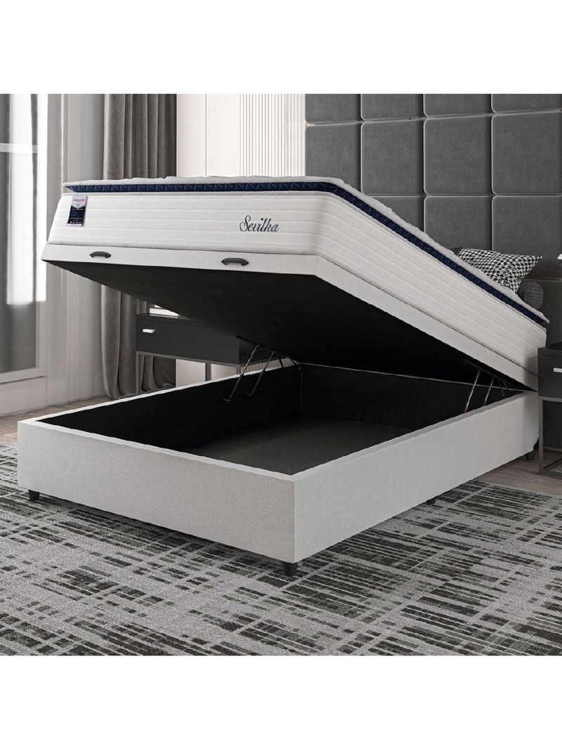 Cama Box Baú Casal Colchão Molas Ensacadas Com Pillow Sevilha 138x188x74cm Branco/cinza Hellen