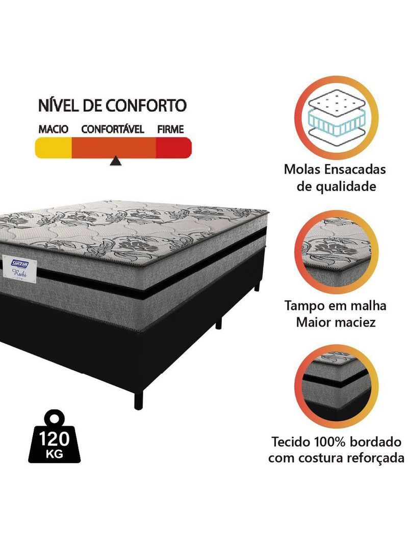 Cama Box Casal Queen Colchão Gazin Com Molas Ensacadas Rubi 158x198x70cm Suede Preto/cinza Cinza