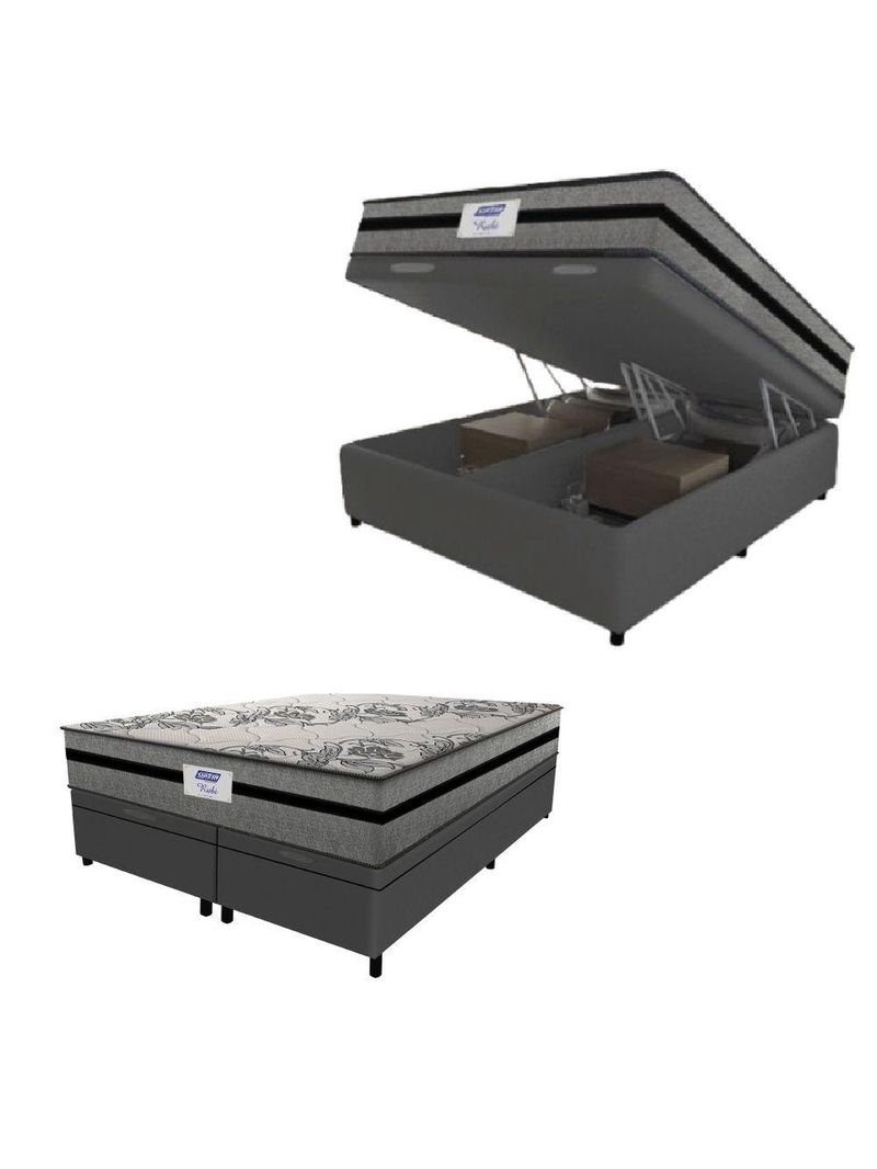 Cama Box Baú Casal Queen Colchão Gazin com Molas Ensacadas Rubi 158x198x73cm Suede Cinza/Preto