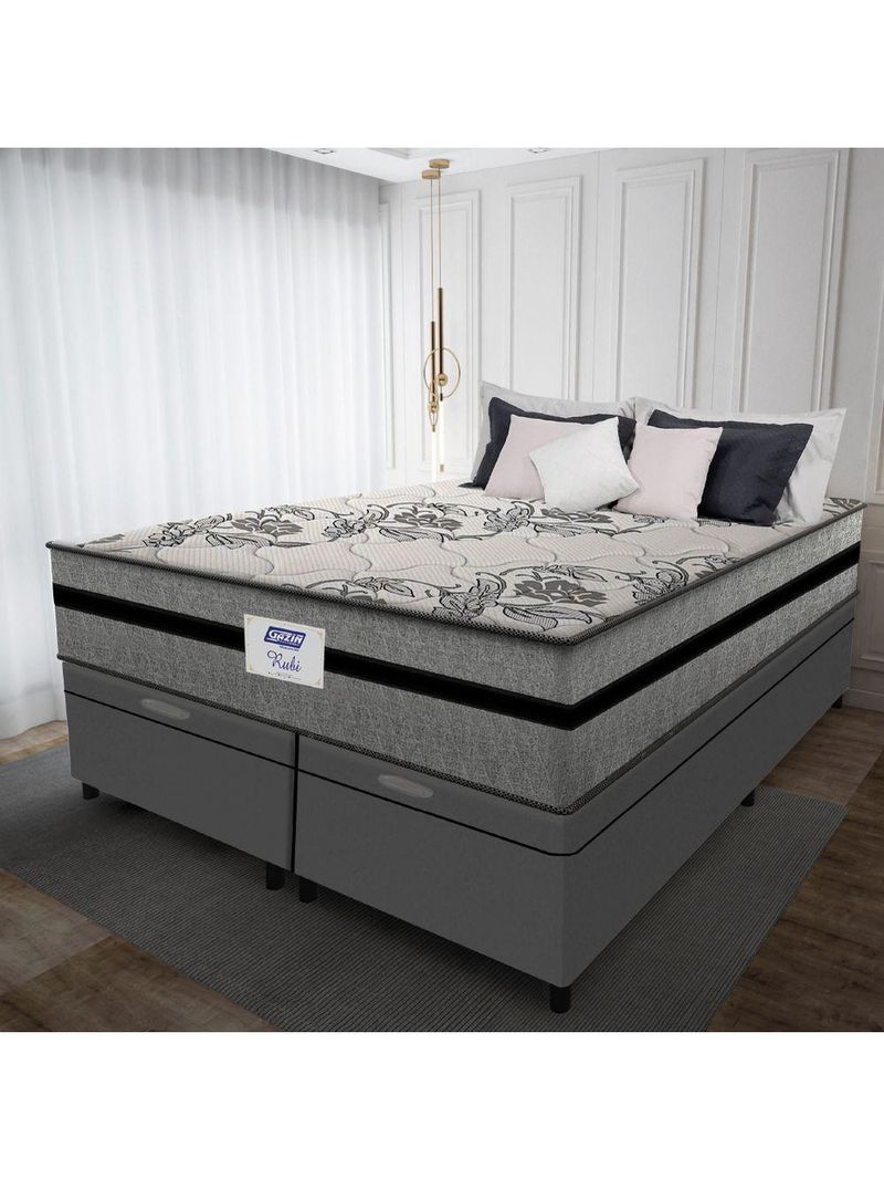 Cama Box Baú Casal Queen Colchão Gazin com Molas Ensacadas Rubi 158x198x73cm Suede Cinza/Preto