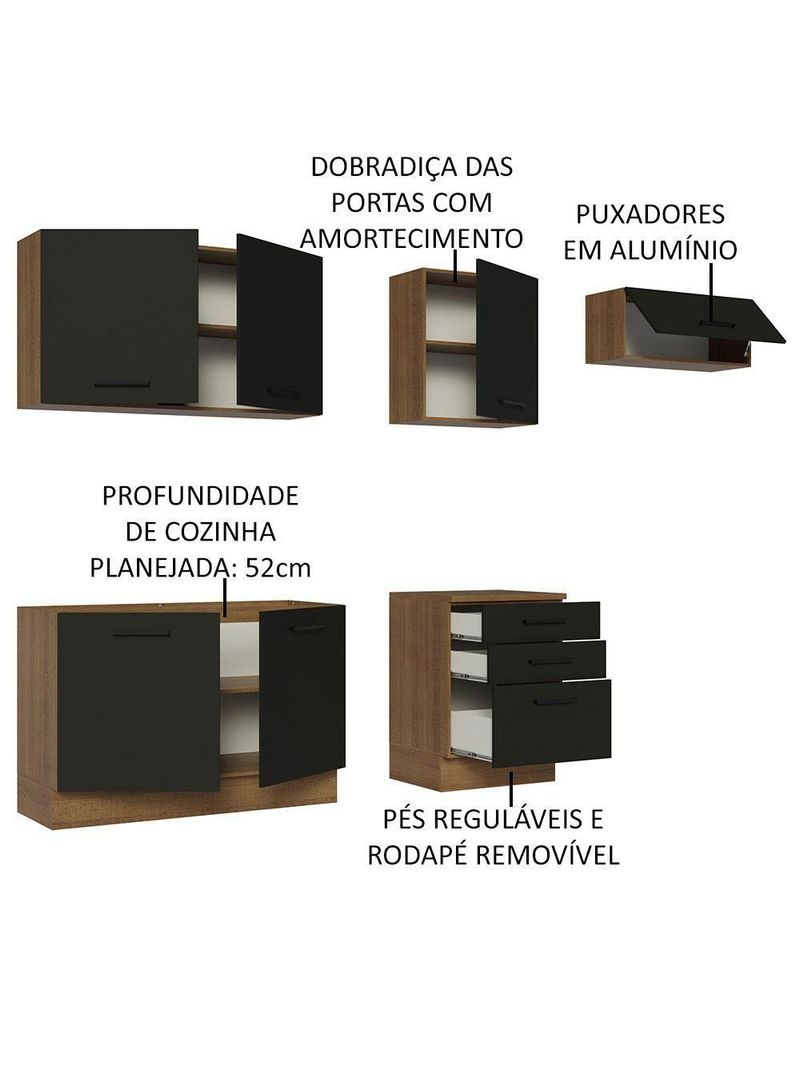 Cozinha Completa Madesa Ágata 260002 com Armário e Balcão – Rustic/Preto (Sem Tampo e Pia)