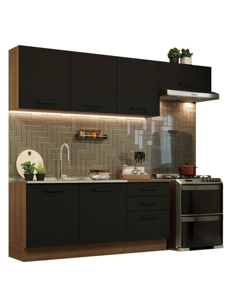 Cozinha Completa Madesa Ágata 260002 com Armário e Balcão – Rustic/Preto (Sem Tampo e Pia)