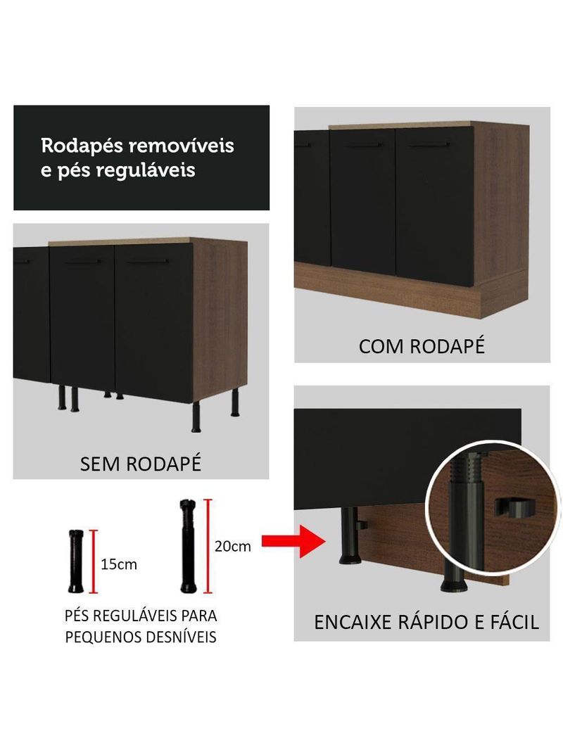 Cozinha Completa Madesa Ágata 260002 com Armário e Balcão – Rustic/Preto (Sem Tampo e Pia)
