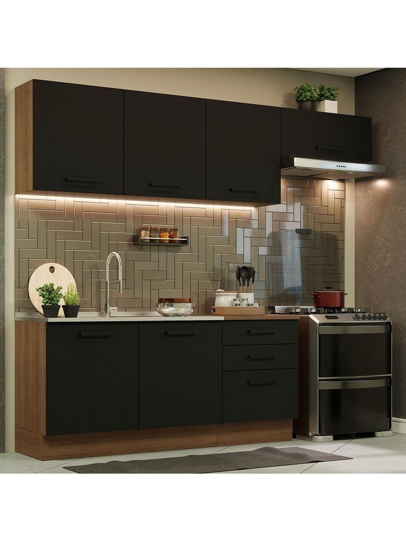 Cozinha Completa Madesa Ágata 260002 com Armário e Balcão – Rustic/Preto (Sem Tampo e Pia)