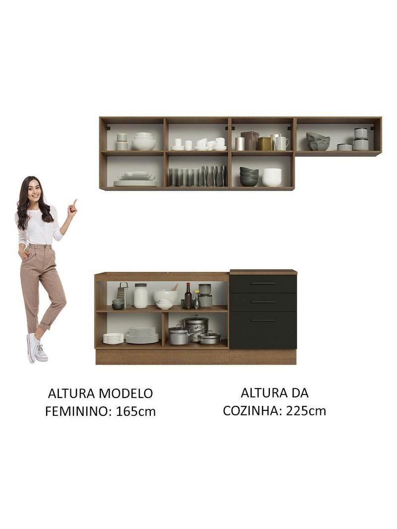 Cozinha Completa Madesa Ágata 260002 com Armário e Balcão – Rustic/Preto (Sem Tampo e Pia)