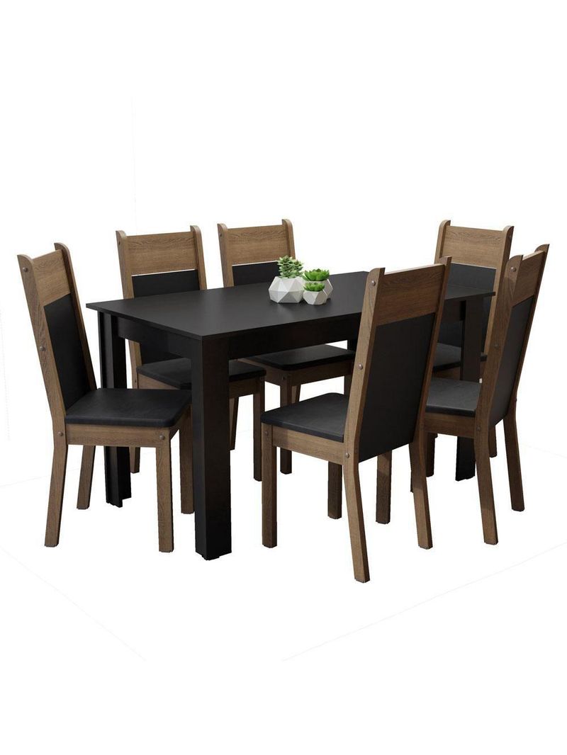 Mesa Tampo de Madeira com 6 Cadeiras Preto Rustic Preto