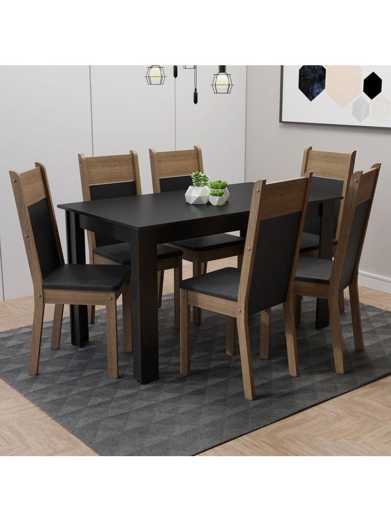 Mesa Tampo de Madeira com 6 Cadeiras Preto Rustic Preto