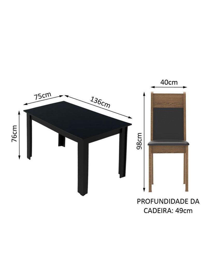 Mesa Tampo de Madeira com 6 Cadeiras Preto Rustic Preto