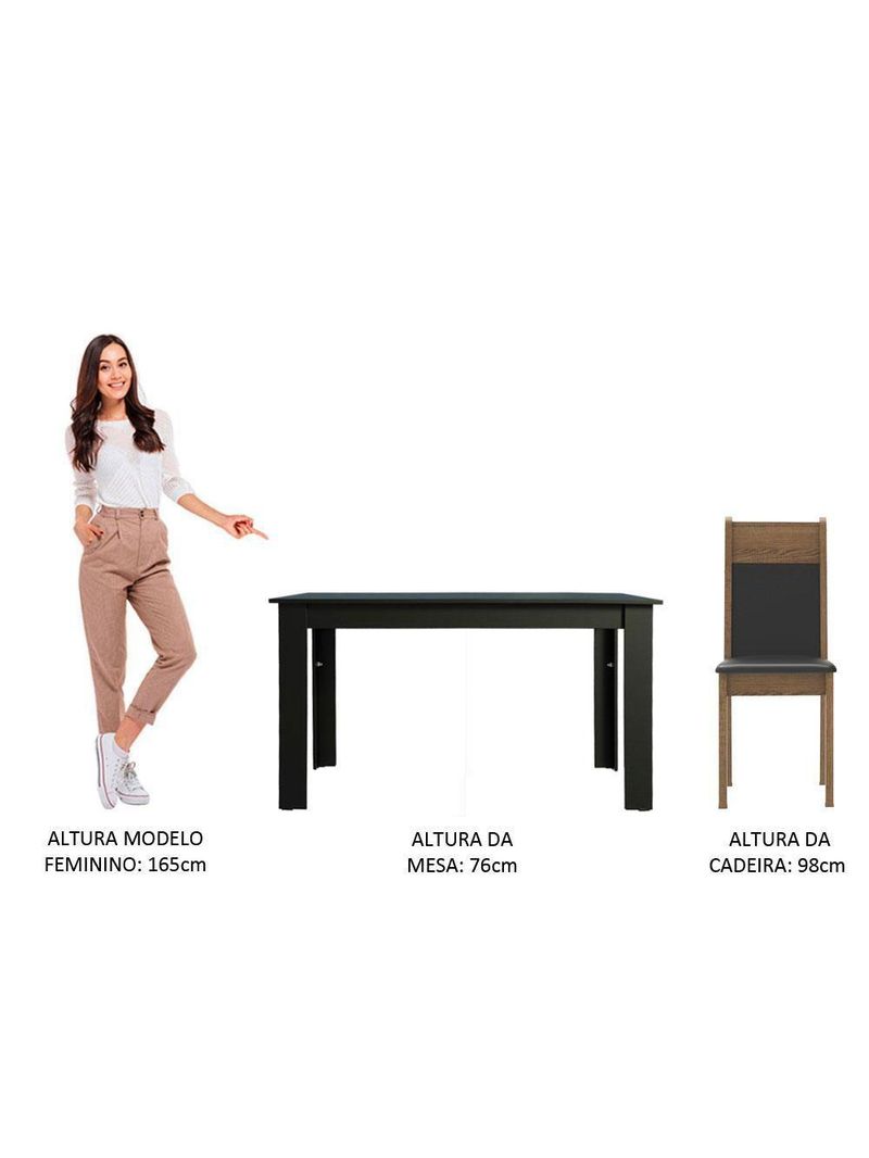 Mesa Tampo de Madeira com 6 Cadeiras Preto Rustic Preto