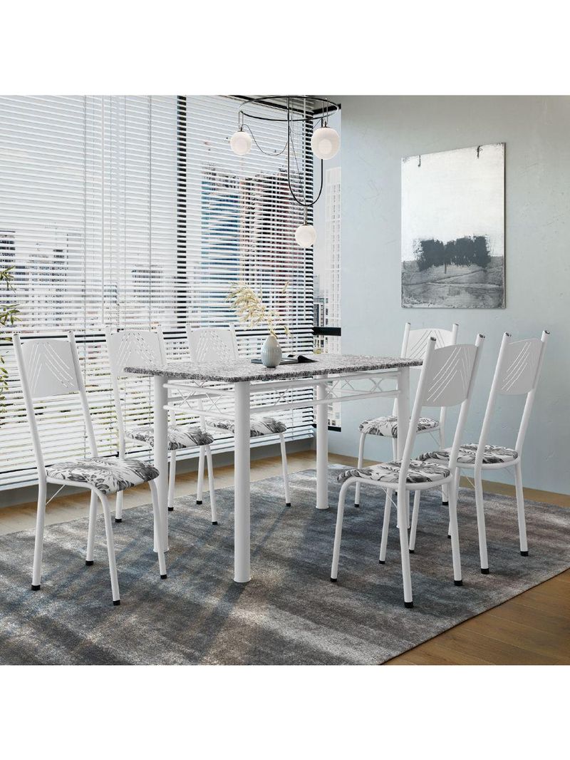 Conjunto De Mesa Sala De Jantar Sara Com 6 Cadeiras Tubular Granito 1,40m Artefamol Branco / Floral