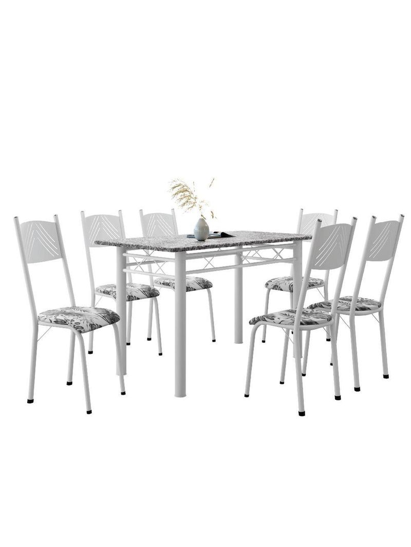 Conjunto De Mesa Sala De Jantar Sara Com 6 Cadeiras Tubular Granito 1,40m Artefamol Branco / Floral