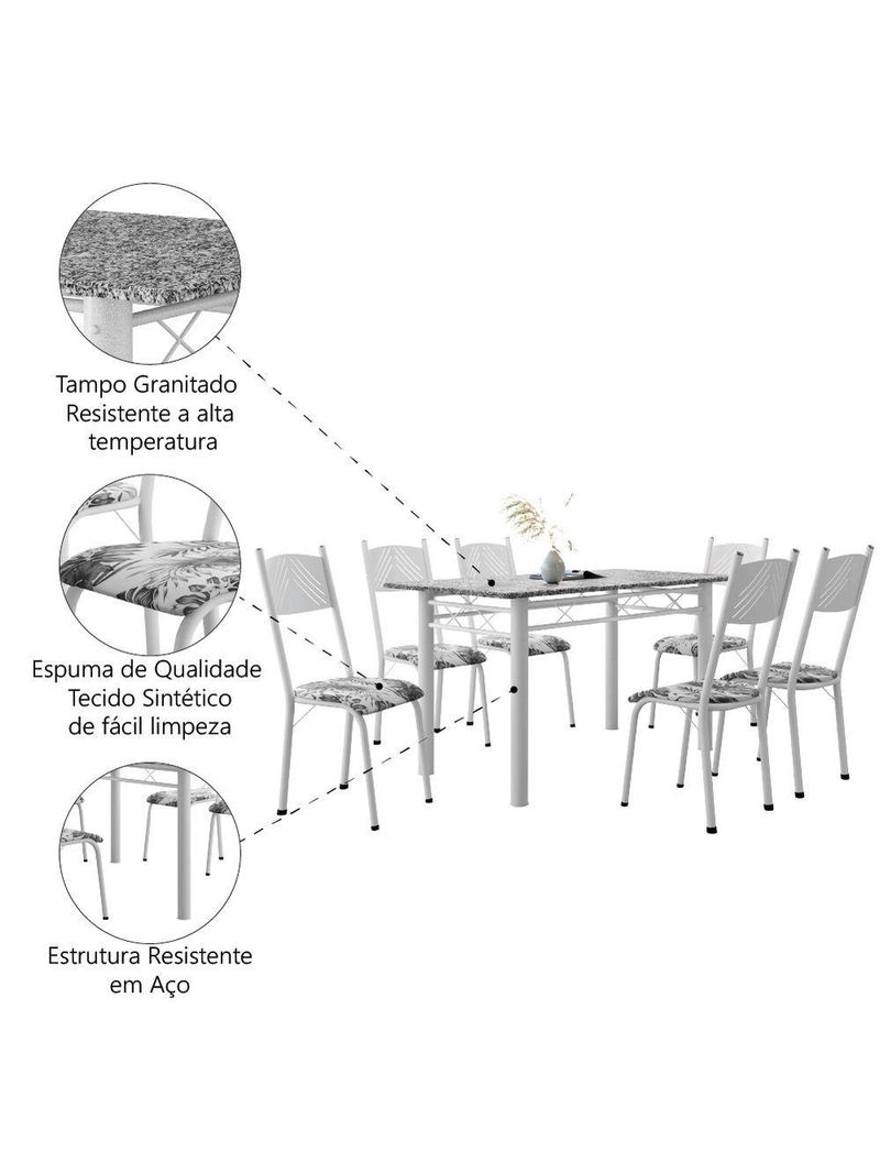 Conjunto De Mesa Sala De Jantar Sara Com 6 Cadeiras Tubular Granito 1,40m Artefamol Branco / Floral