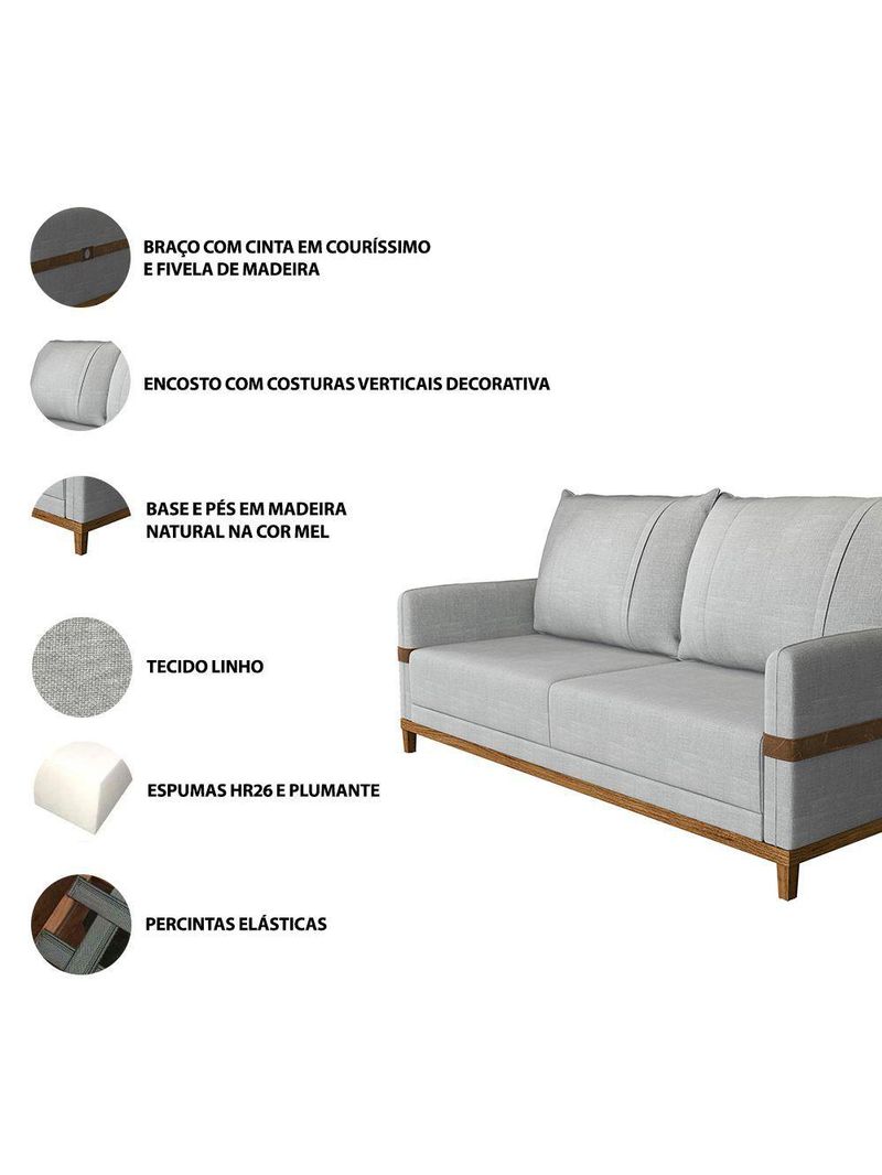 Sofá 3 Lugares 2m Living Com Almofadas Pés Madeira Linho Kazu Bex's Cinza