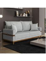 Sofá 3 Lugares 2m Living Com Almofadas Pés Madeira Linho Kazu Bex's Cinza