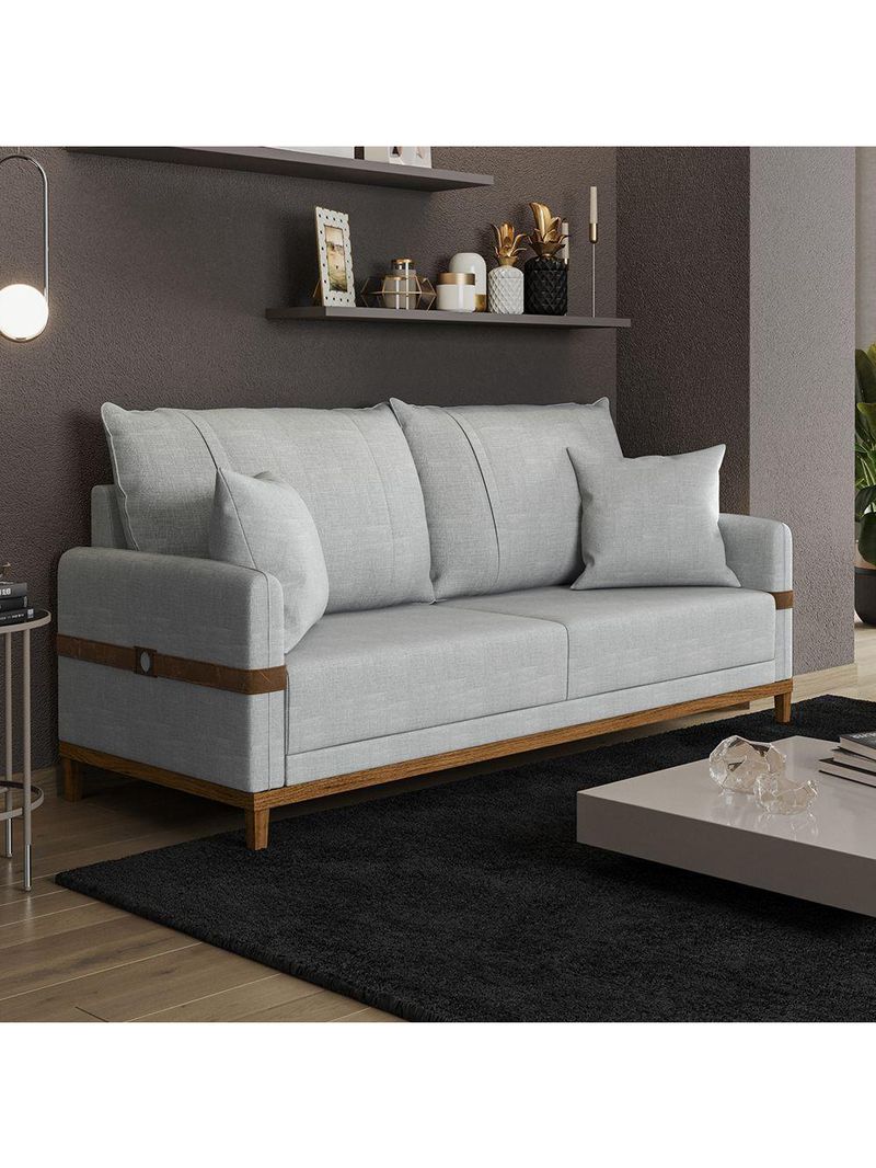 Sofá 3 Lugares 2m Living Com Almofadas Pés Madeira Linho Kazu Bex's Cinza