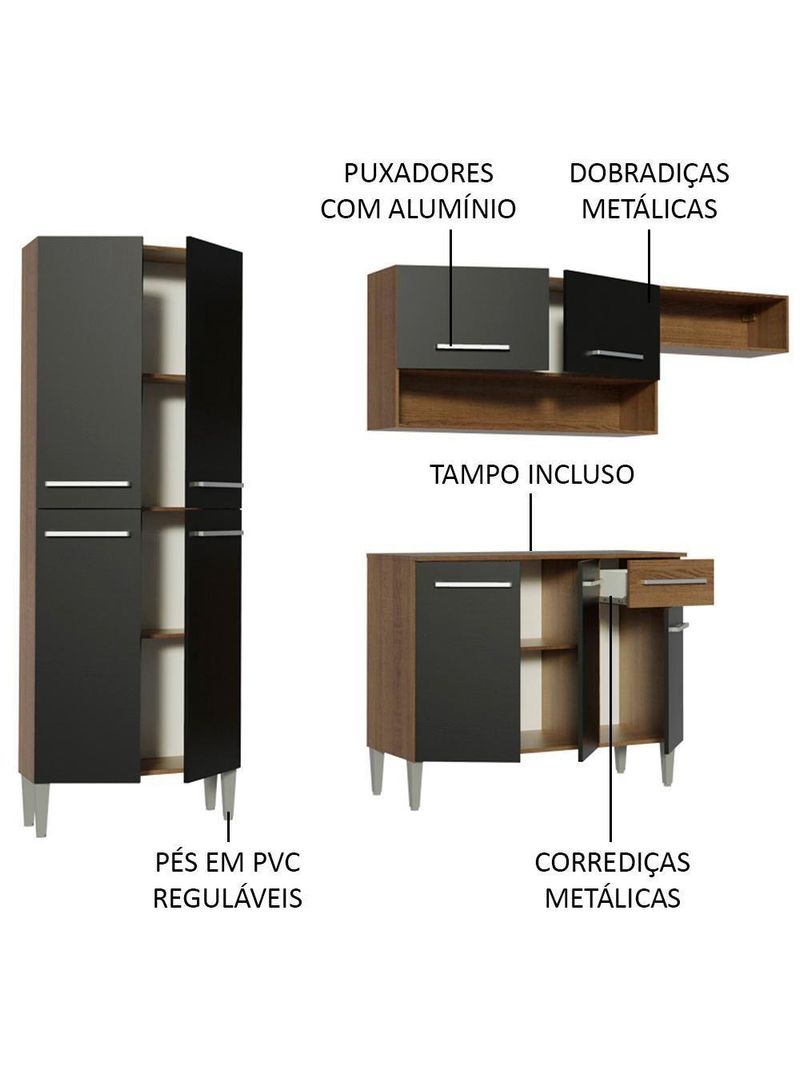 Cozinha Compacta Madesa Emilly Top Com Armário E Balcão Rustic/Preto
