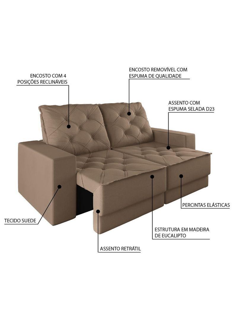 Sofá Retrátil e Reclinável 3 Lugares 1,80m Verona Suede Capuccino Mamflex