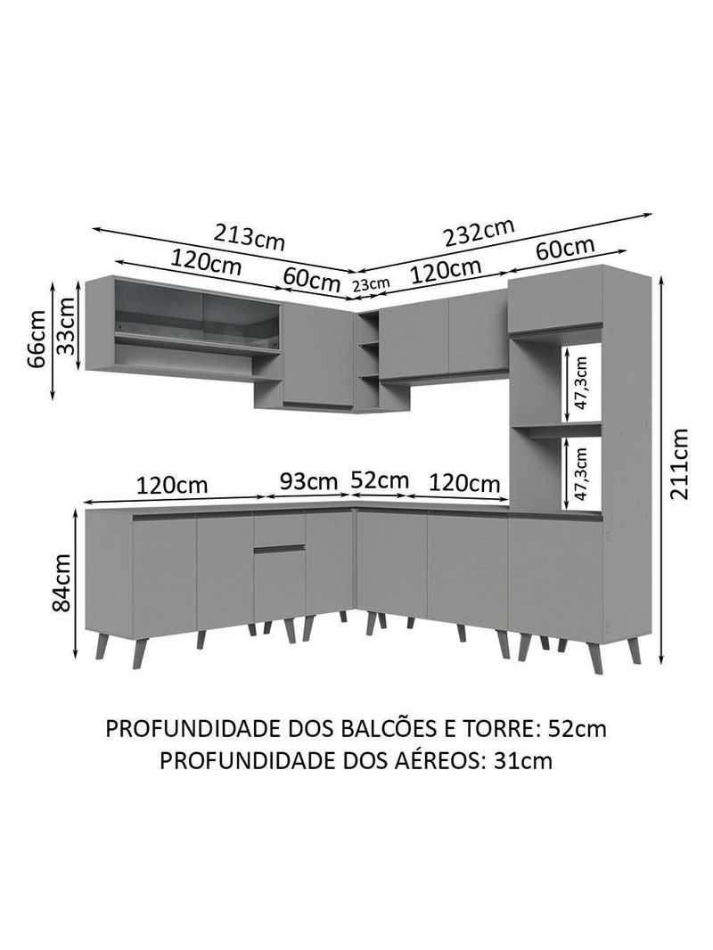 Armário De Cozinha Completa 445cm Cinza Nice 01 Cinza