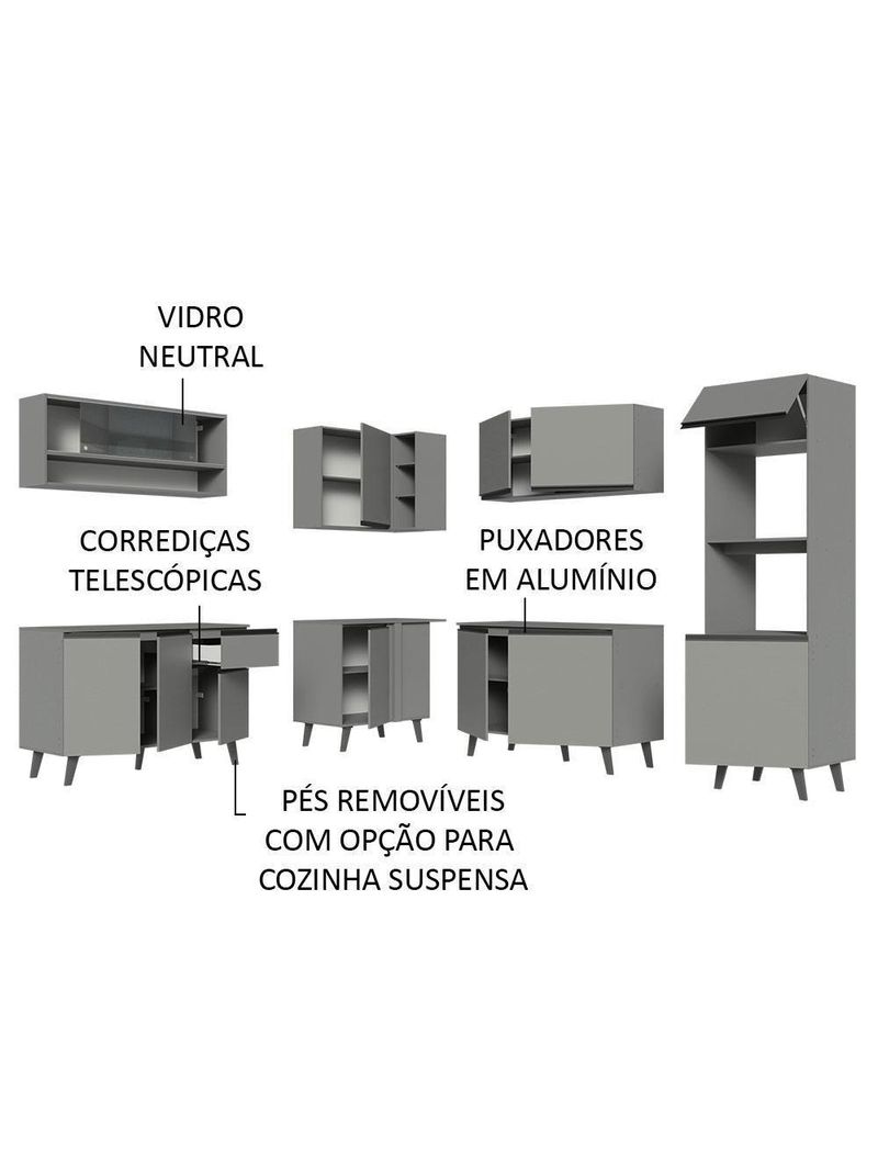 Armário De Cozinha Completa 445cm Cinza Nice 01 Cinza