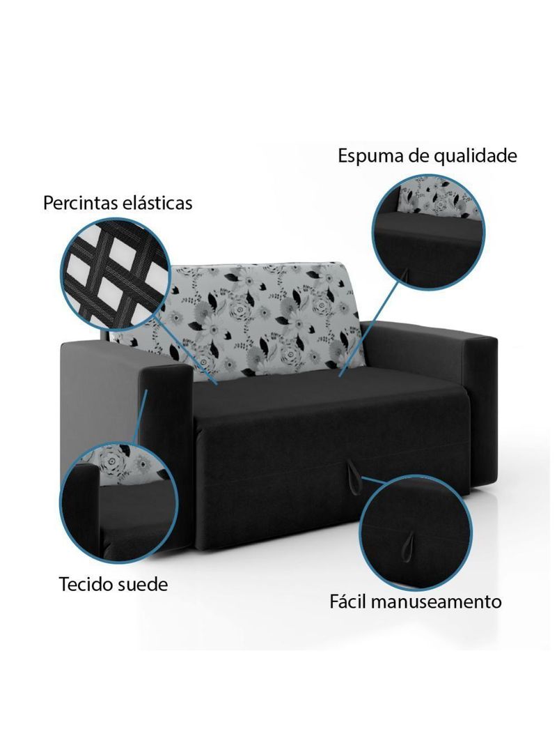 Sofá-cama 2 Lugares Pratik 5000 Suede Preto/Cinza