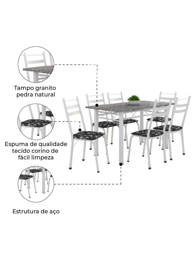 Conj De Mesa Com 6 Cadeiras 1,40m Granito/Branco Branco