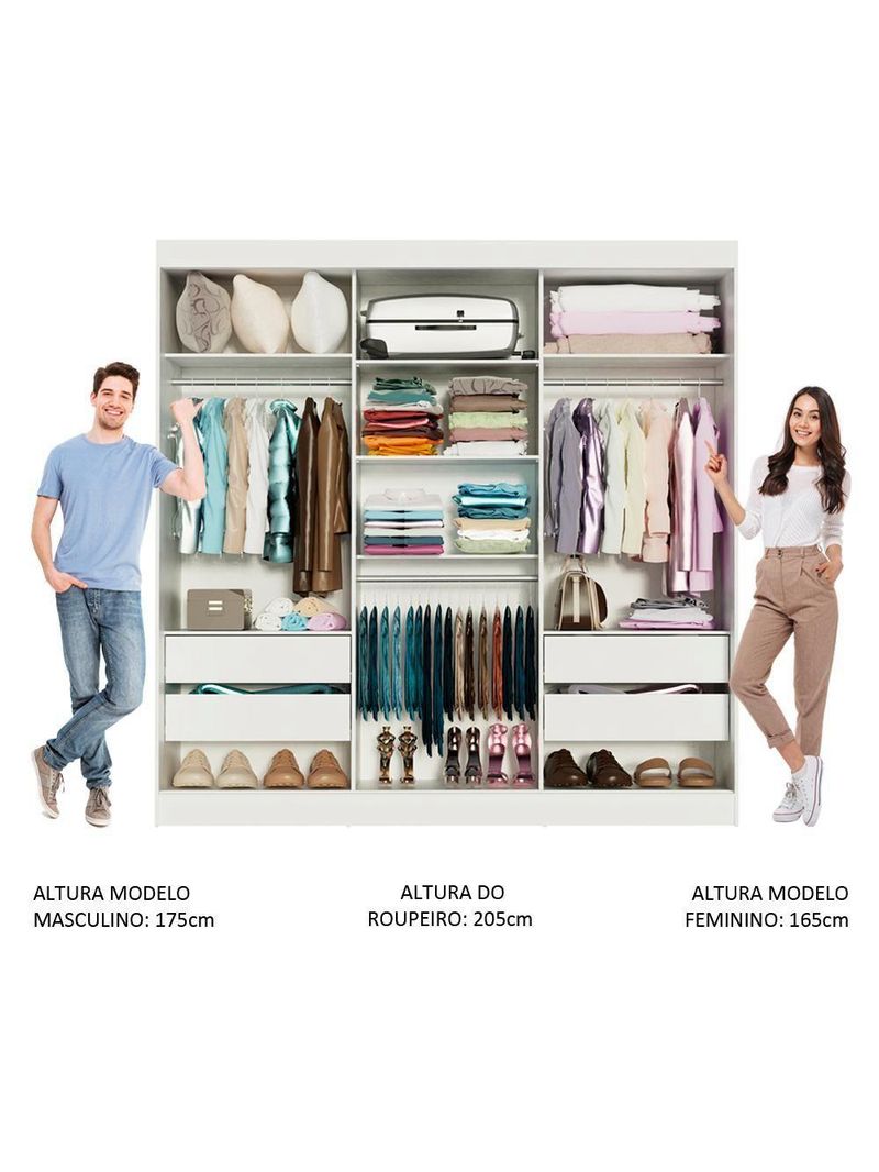 Guarda-Roupa Casal Napoli 3 Portas de Espelho Branco Madesa