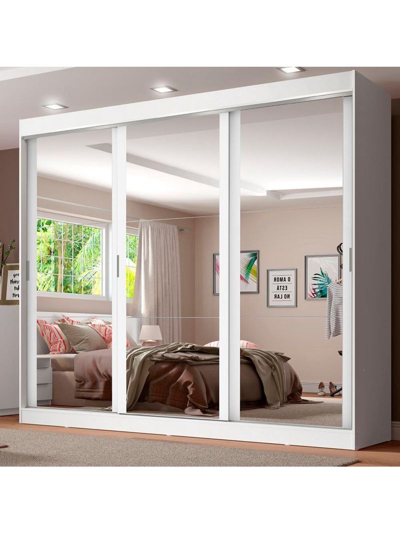 Guarda-Roupa Casal Napoli 3 Portas de Espelho Branco Madesa