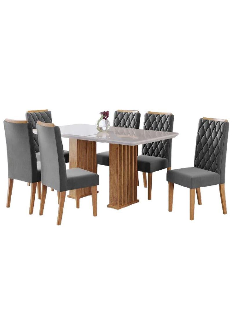 Conjunto De Mesa Sala De Jantar Ripada Tampo Com Vidro Mond 1,60m 6 Cadeiras Bele Veludo Off White / Cinza