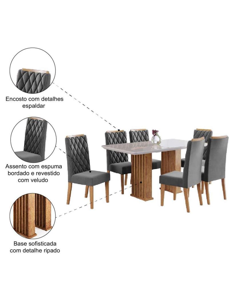Conjunto De Mesa Sala De Jantar Ripada Tampo Com Vidro Mond 1,60m 6 Cadeiras Bele Veludo Off White / Cinza