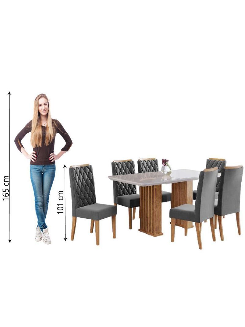 Conjunto De Mesa Sala De Jantar Ripada Tampo Com Vidro Mond 1,60m 6 Cadeiras Bele Veludo Off White / Cinza