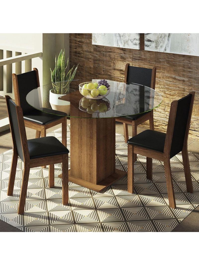 Conj Mesa Tampo De Vidro 4 Cadeiras Rustic/Preto