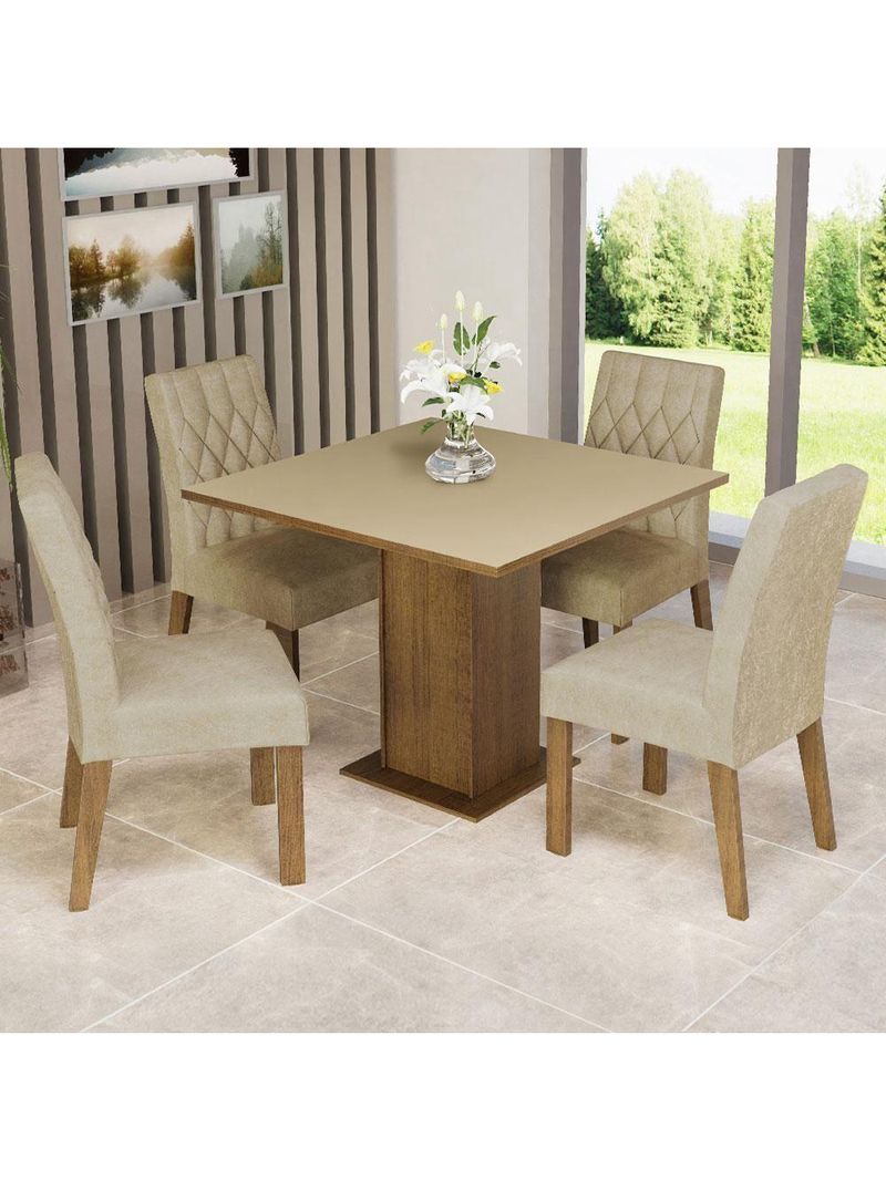 Conjunto Sala de Jantar Mesa Tampo de Madeira 4 Cadeiras Livia Rustic/Crema/Imperial - Madesa