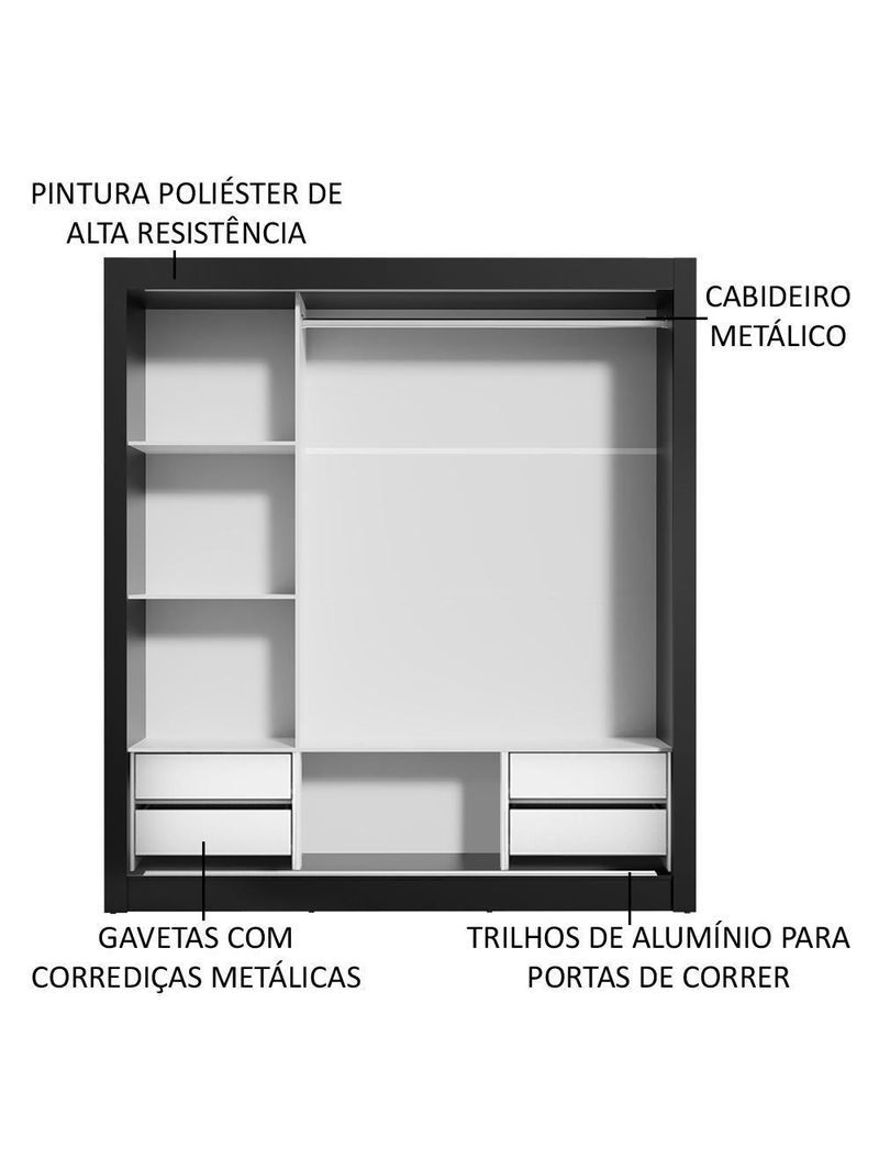 Guarda Roupa Casal 3 Portas De Correr De Espelho Preto