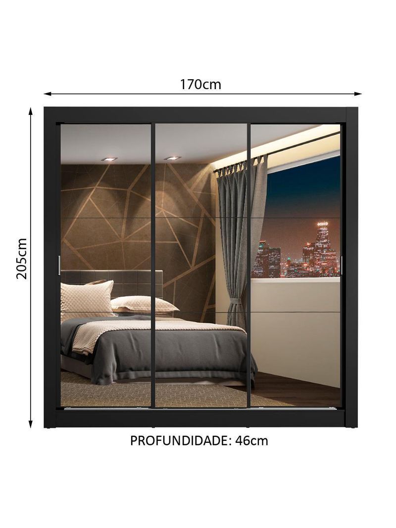 Guarda Roupa Casal 3 Portas De Correr De Espelho Preto